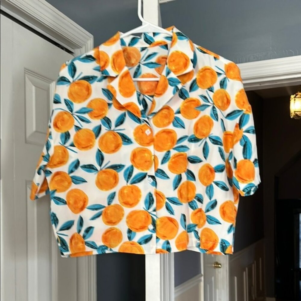 Orange Fruit and Blue Leaf Pattern Shirt